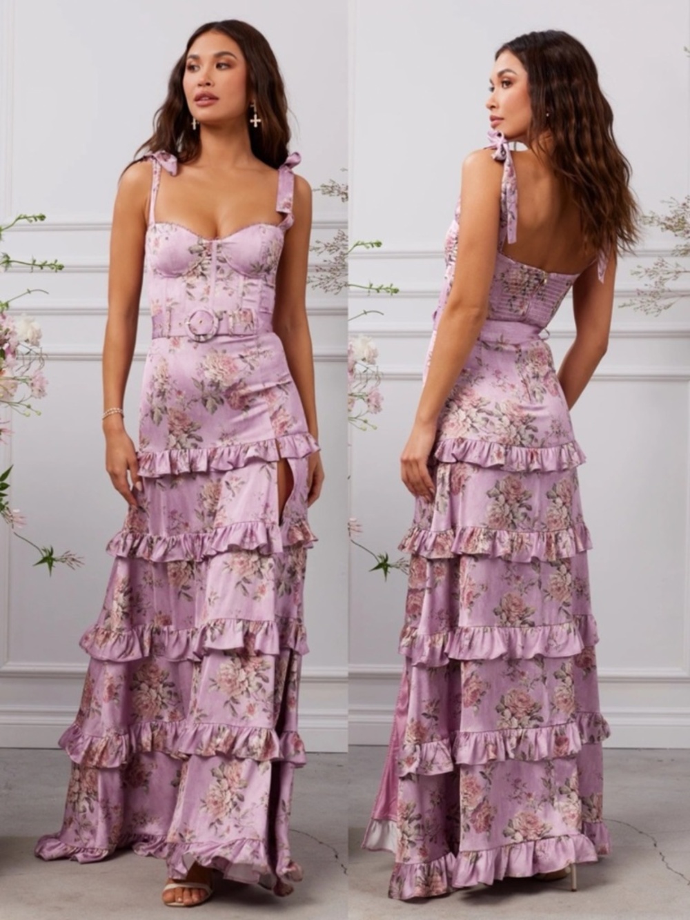 V. Chapman Lisianthus Belted Maxi Dress Lilac Tapestry Rose NEW with tags